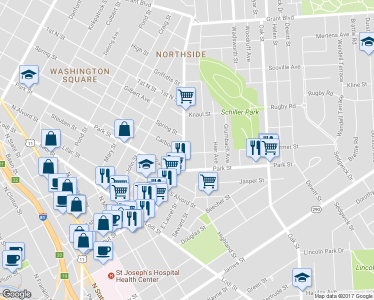 map of restaurants, bars, coffee shops, grocery stores, and more near 1002 Butternut Street in Syracuse