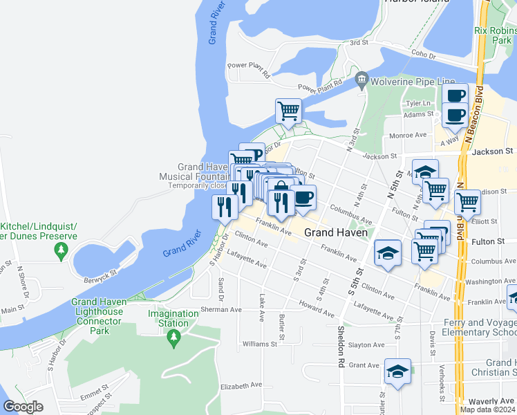 map of restaurants, bars, coffee shops, grocery stores, and more near 11 South 1st Street in Grand Haven