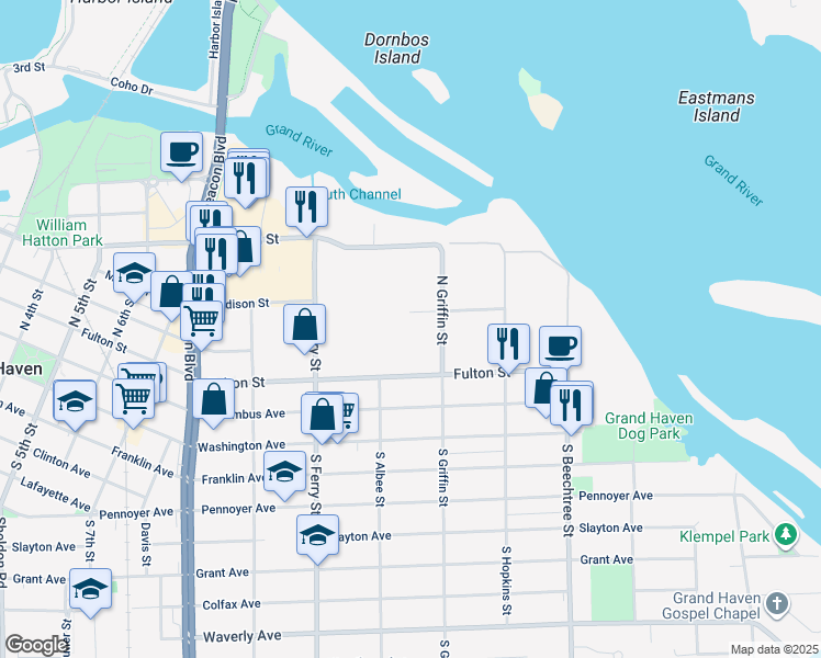 map of restaurants, bars, coffee shops, grocery stores, and more near 1225 Fulton Street in Grand Haven