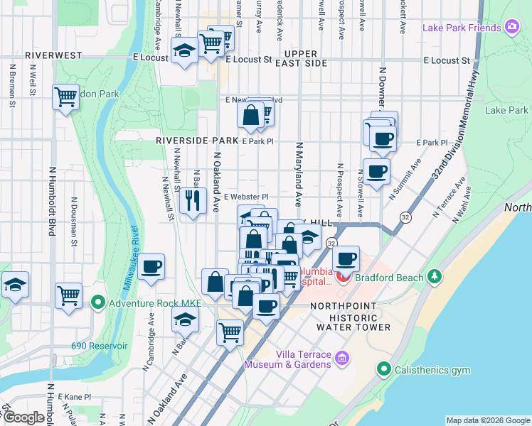 map of restaurants, bars, coffee shops, grocery stores, and more near 2019 East Bradford Avenue in Milwaukee
