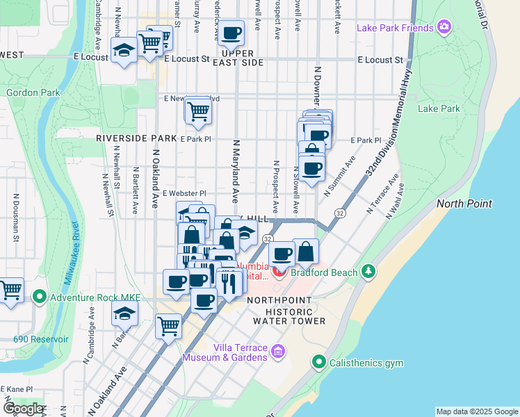 map of restaurants, bars, coffee shops, grocery stores, and more near 2518 North Farwell Avenue in Milwaukee