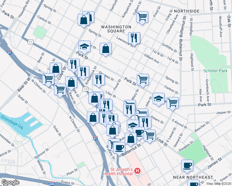 map of restaurants, bars, coffee shops, grocery stores, and more near 400 Pond Street in Syracuse