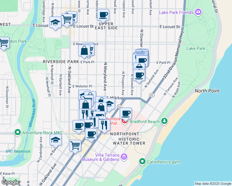 map of restaurants, bars, coffee shops, grocery stores, and more near 2555 North Farwell Avenue in Milwaukee