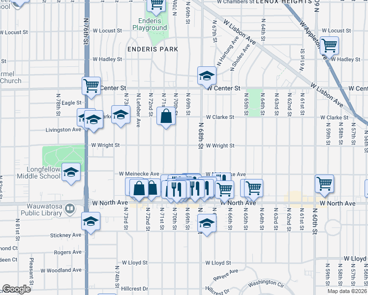 map of restaurants, bars, coffee shops, grocery stores, and more near 2527 North 69th Street in Wauwatosa
