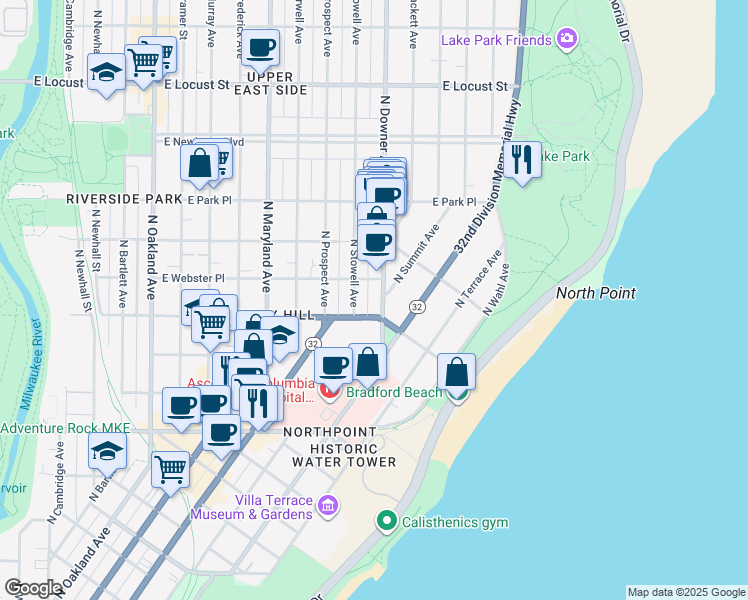 map of restaurants, bars, coffee shops, grocery stores, and more near 2521 North Downer Avenue in Milwaukee