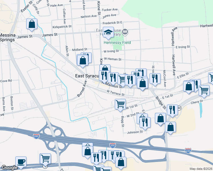 map of restaurants, bars, coffee shops, grocery stores, and more near 319 West Manlius Street in East Syracuse