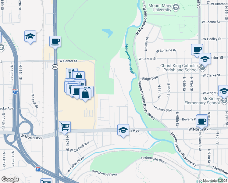 map of restaurants, bars, coffee shops, grocery stores, and more near 10122 West North Avenue in Wauwatosa