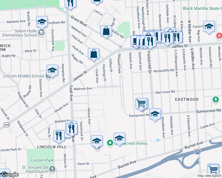 map of restaurants, bars, coffee shops, grocery stores, and more near 185 Hastings Place in Syracuse