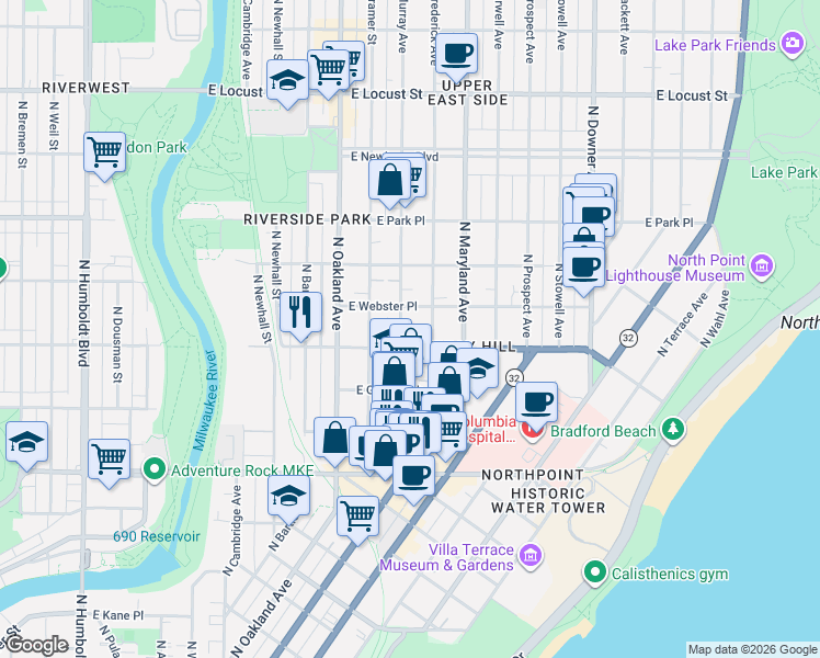 map of restaurants, bars, coffee shops, grocery stores, and more near 2014 East Webster Place in Milwaukee