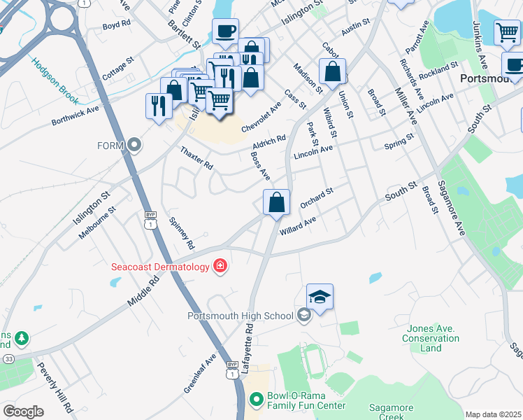 map of restaurants, bars, coffee shops, grocery stores, and more near 28 Kensington Road in Portsmouth