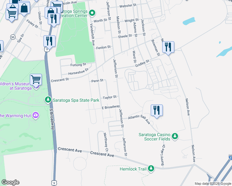 map of restaurants, bars, coffee shops, grocery stores, and more near 289 Jefferson Street in Saratoga Springs