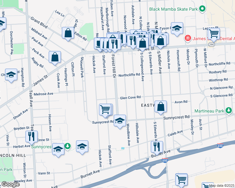 map of restaurants, bars, coffee shops, grocery stores, and more near 236-38 Forest Hill Drive in Syracuse