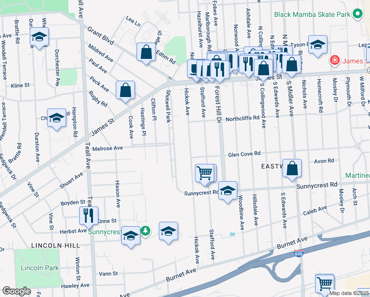 map of restaurants, bars, coffee shops, grocery stores, and more near 181 Shotwell Park in Syracuse