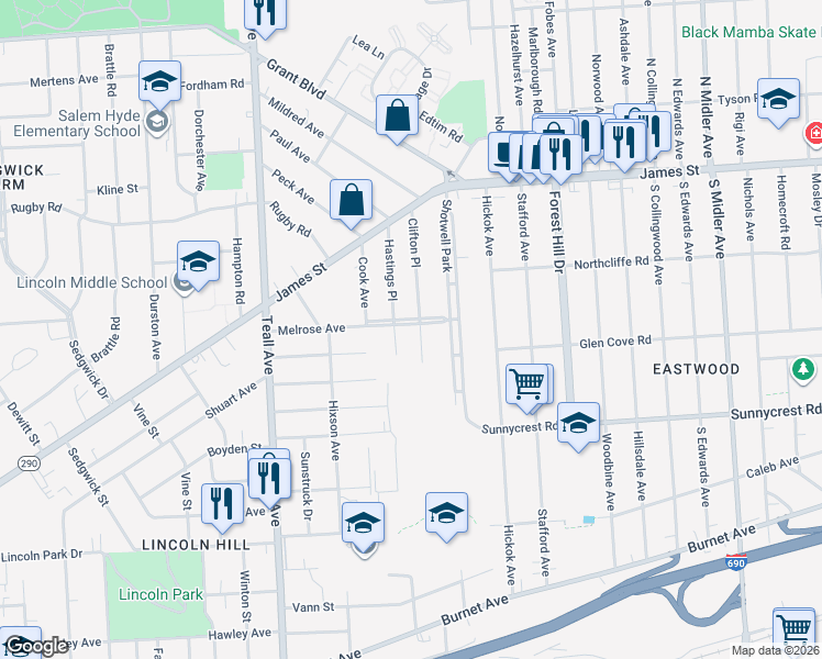 map of restaurants, bars, coffee shops, grocery stores, and more near 185 Hastings Place in Syracuse