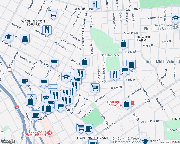 map of restaurants, bars, coffee shops, grocery stores, and more near 918 Highland Street in Syracuse