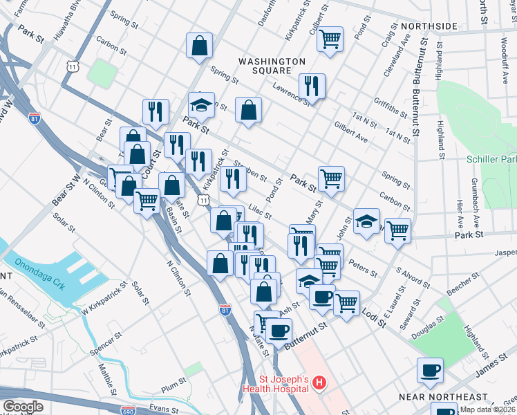 map of restaurants, bars, coffee shops, grocery stores, and more near 715 North Alvord Street in Syracuse
