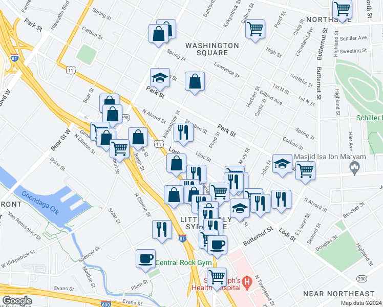 map of restaurants, bars, coffee shops, grocery stores, and more near 715 North Alvord Street in Syracuse