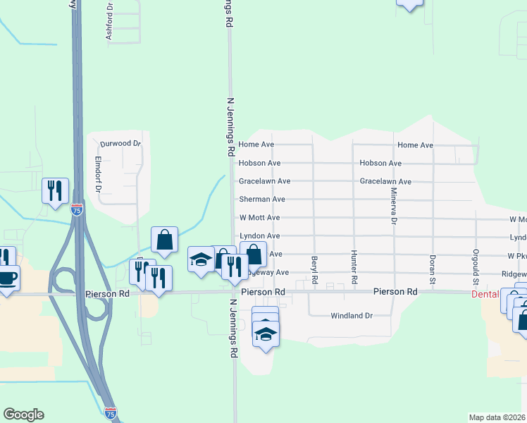 map of restaurants, bars, coffee shops, grocery stores, and more near 4157 O'Connor Road in Flint
