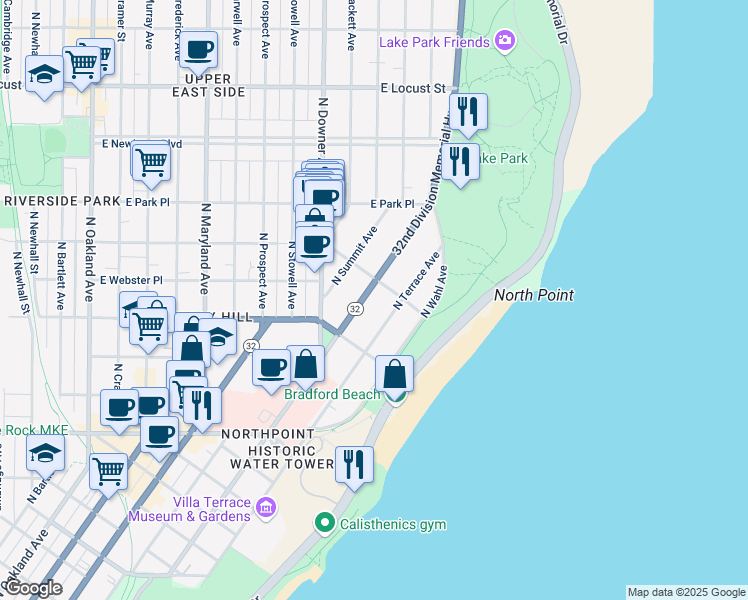 map of restaurants, bars, coffee shops, grocery stores, and more near 2589 North Lake Drive in Milwaukee
