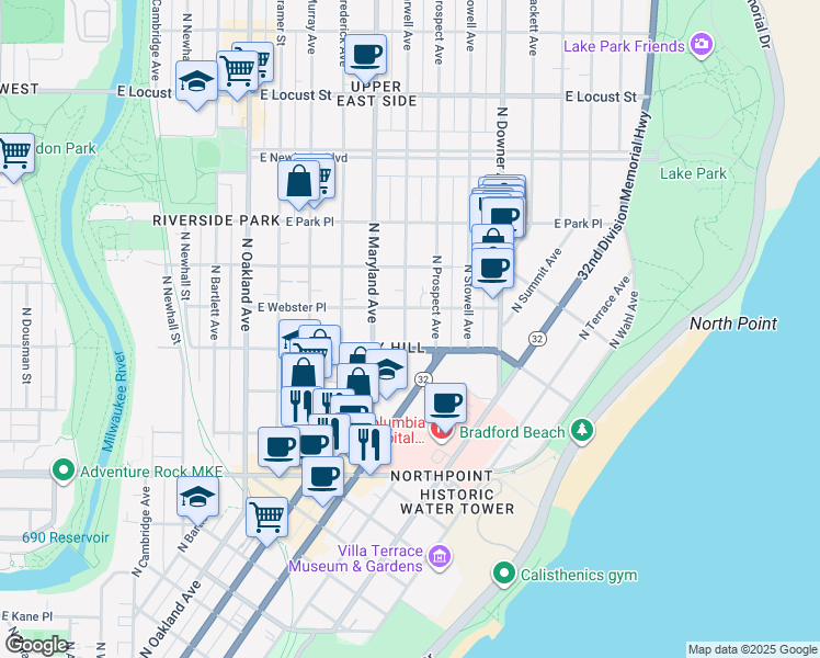 map of restaurants, bars, coffee shops, grocery stores, and more near 2555 North Farwell Avenue in Milwaukee