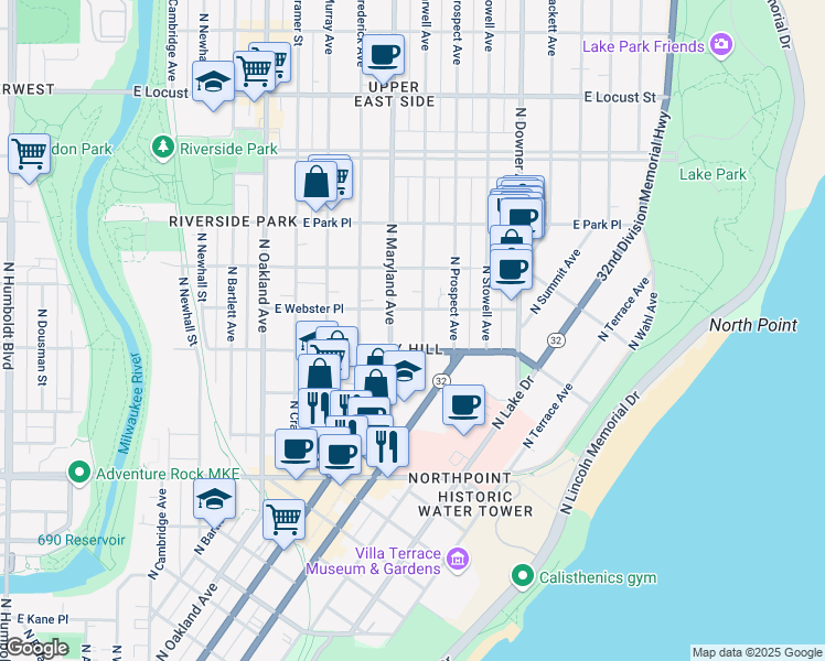 map of restaurants, bars, coffee shops, grocery stores, and more near 2555 North Farwell Avenue in Milwaukee
