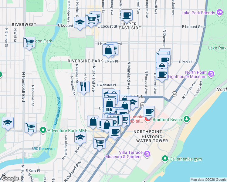 map of restaurants, bars, coffee shops, grocery stores, and more near 2014 East Webster Place in Milwaukee