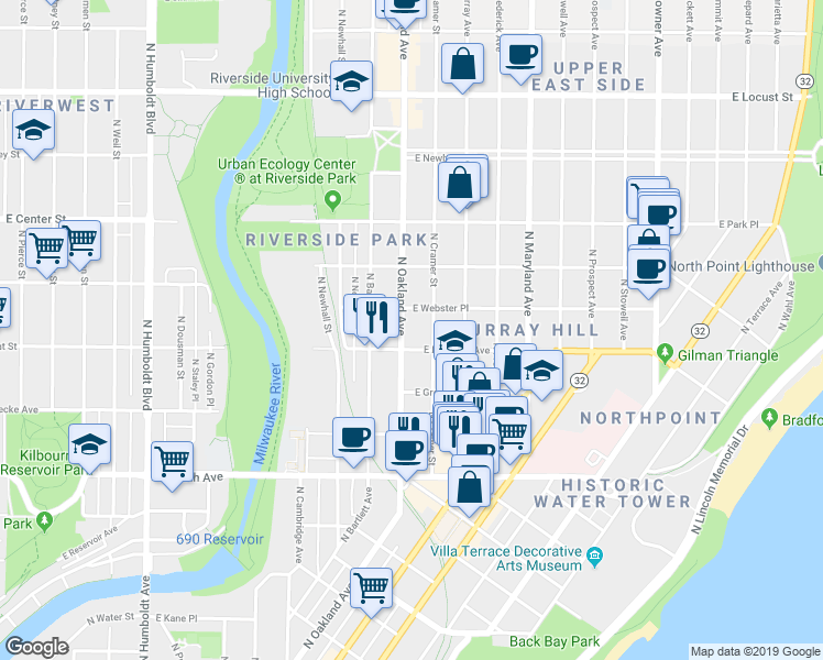 map of restaurants, bars, coffee shops, grocery stores, and more near 2553 North Oakland Avenue in Milwaukee