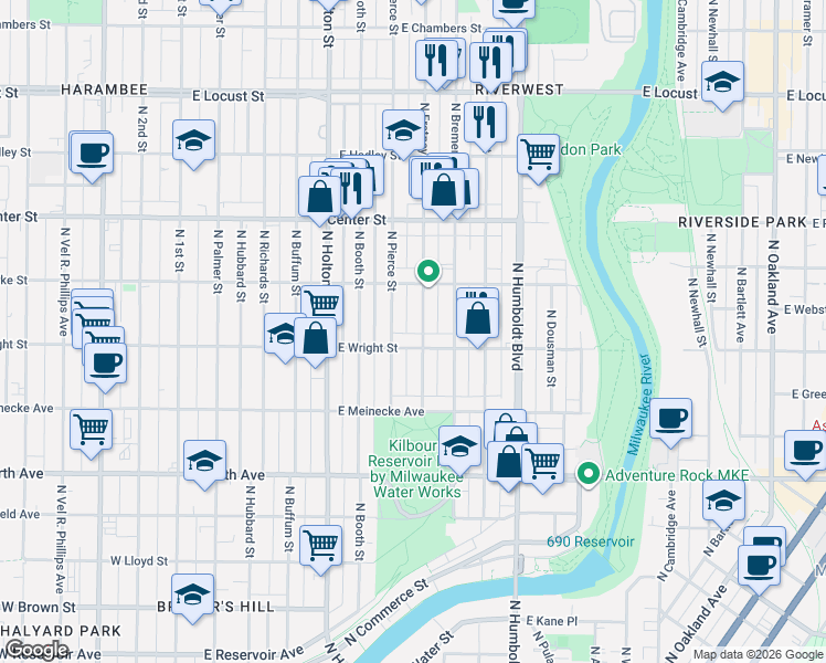 map of restaurants, bars, coffee shops, grocery stores, and more near 2552-2554 North Fratney Street in Milwaukee