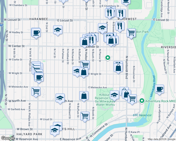 map of restaurants, bars, coffee shops, grocery stores, and more near 2551 North Booth Street in Milwaukee