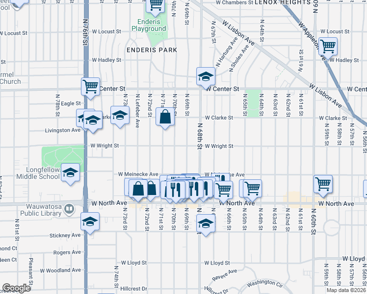 map of restaurants, bars, coffee shops, grocery stores, and more near 2527 North 69th Street in Wauwatosa