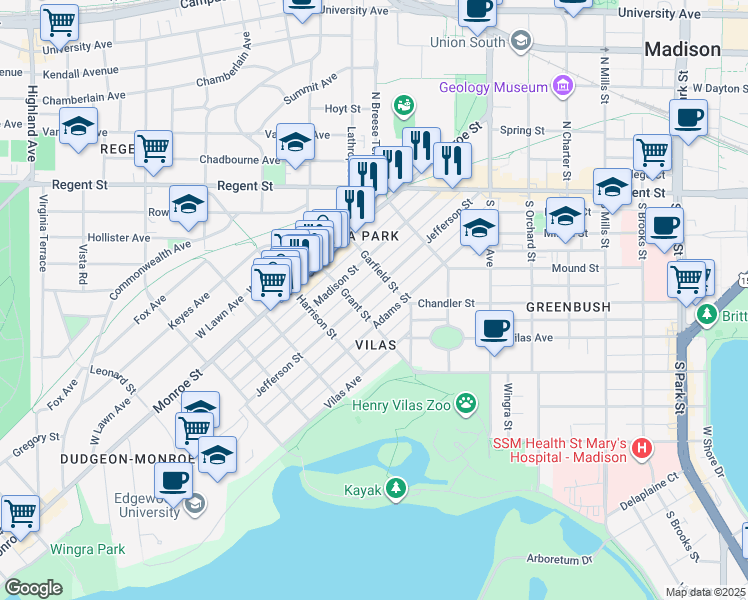 map of restaurants, bars, coffee shops, grocery stores, and more near 1702 Jefferson Street in Madison