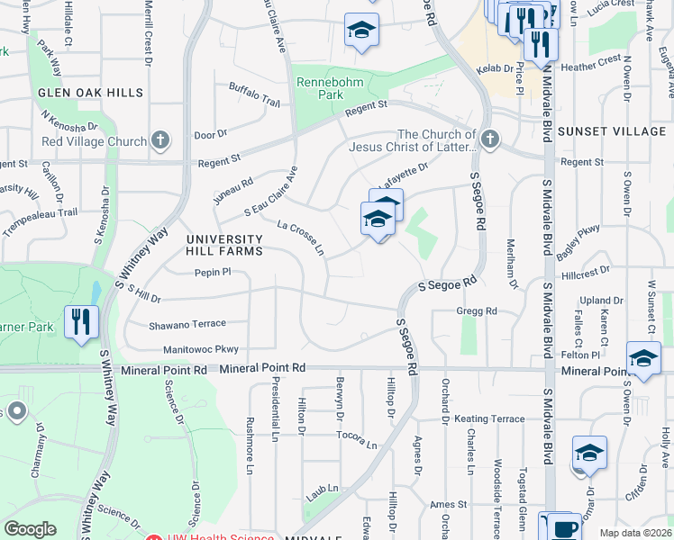map of restaurants, bars, coffee shops, grocery stores, and more near 5021 La Crosse Lane in Madison