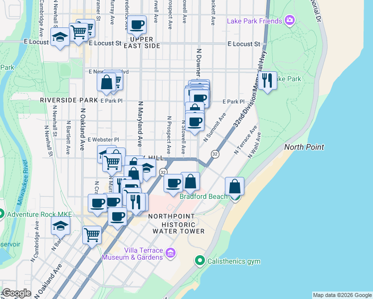 map of restaurants, bars, coffee shops, grocery stores, and more near 2520 North Stowell Avenue in Milwaukee