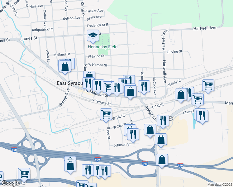 map of restaurants, bars, coffee shops, grocery stores, and more near 124 West Manlius Street in East Syracuse