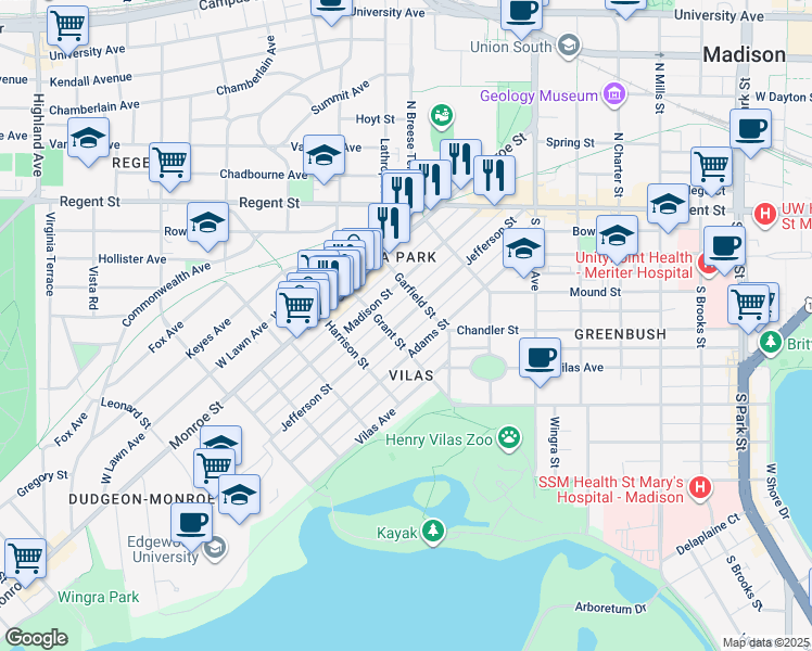 map of restaurants, bars, coffee shops, grocery stores, and more near 1715 Jefferson Street in Madison