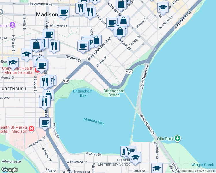 map of restaurants, bars, coffee shops, grocery stores, and more near 702 West Brittingham Place in Madison