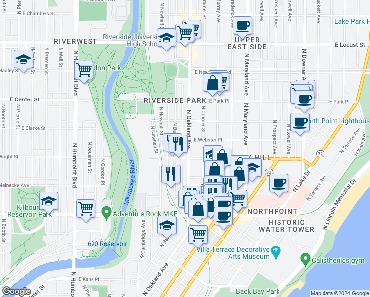 map of restaurants, bars, coffee shops, grocery stores, and more near 2523 North Oakland Avenue in Milwaukee