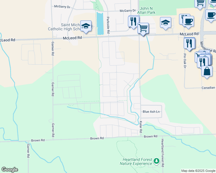 map of restaurants, bars, coffee shops, grocery stores, and more near 8533 Nightshade Street in Niagara Falls