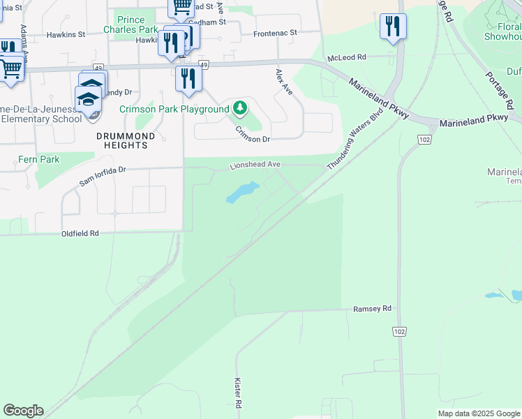 map of restaurants, bars, coffee shops, grocery stores, and more near 7714 Green Vista Gate in Niagara Falls