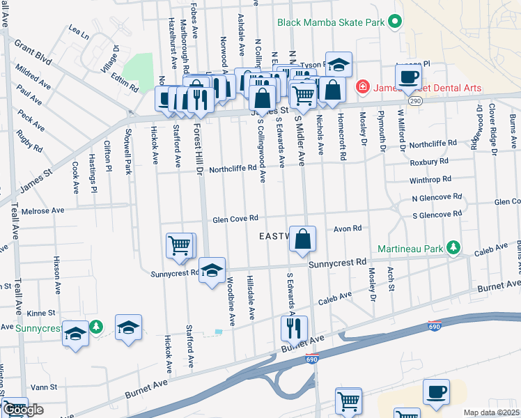 map of restaurants, bars, coffee shops, grocery stores, and more near 245 South Collingwood Avenue in Syracuse