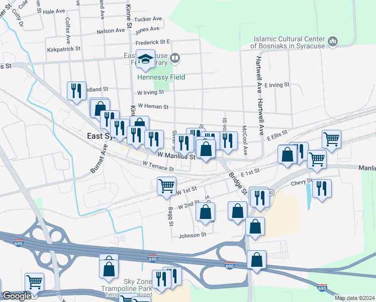 map of restaurants, bars, coffee shops, grocery stores, and more near 115 West Ellis Street in East Syracuse