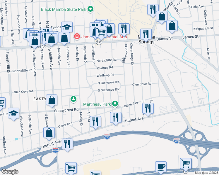 map of restaurants, bars, coffee shops, grocery stores, and more near 1205 North Glencove Road in Syracuse