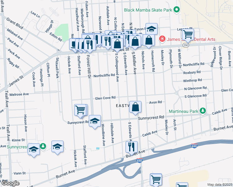 map of restaurants, bars, coffee shops, grocery stores, and more near 245 South Collingwood Avenue in Syracuse