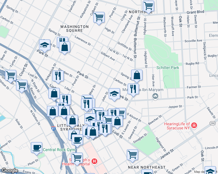 map of restaurants, bars, coffee shops, grocery stores, and more near 710 East Division Street in Syracuse