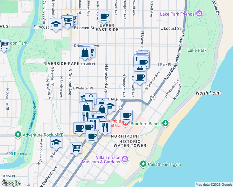 map of restaurants, bars, coffee shops, grocery stores, and more near 2526 North Farwell Avenue in Milwaukee