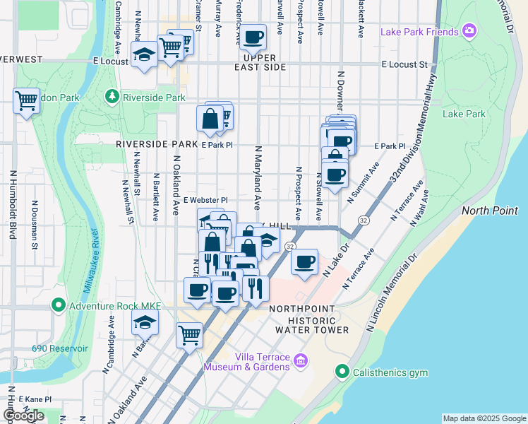 map of restaurants, bars, coffee shops, grocery stores, and more near 2555 North Farwell Avenue in Milwaukee