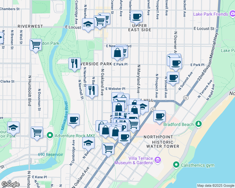 map of restaurants, bars, coffee shops, grocery stores, and more near 1906 East Webster Place in Milwaukee