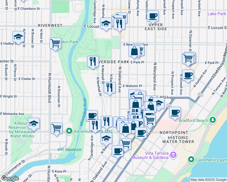 map of restaurants, bars, coffee shops, grocery stores, and more near 2557 North Bartlett Avenue in Milwaukee