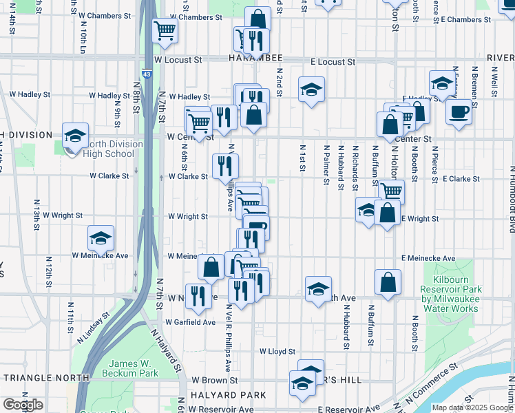 map of restaurants, bars, coffee shops, grocery stores, and more near 2550 North Doctor Martin Luther King Junior Drive in Milwaukee