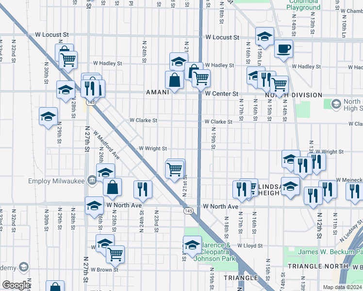 map of restaurants, bars, coffee shops, grocery stores, and more near 2541 North 21st Street in Milwaukee